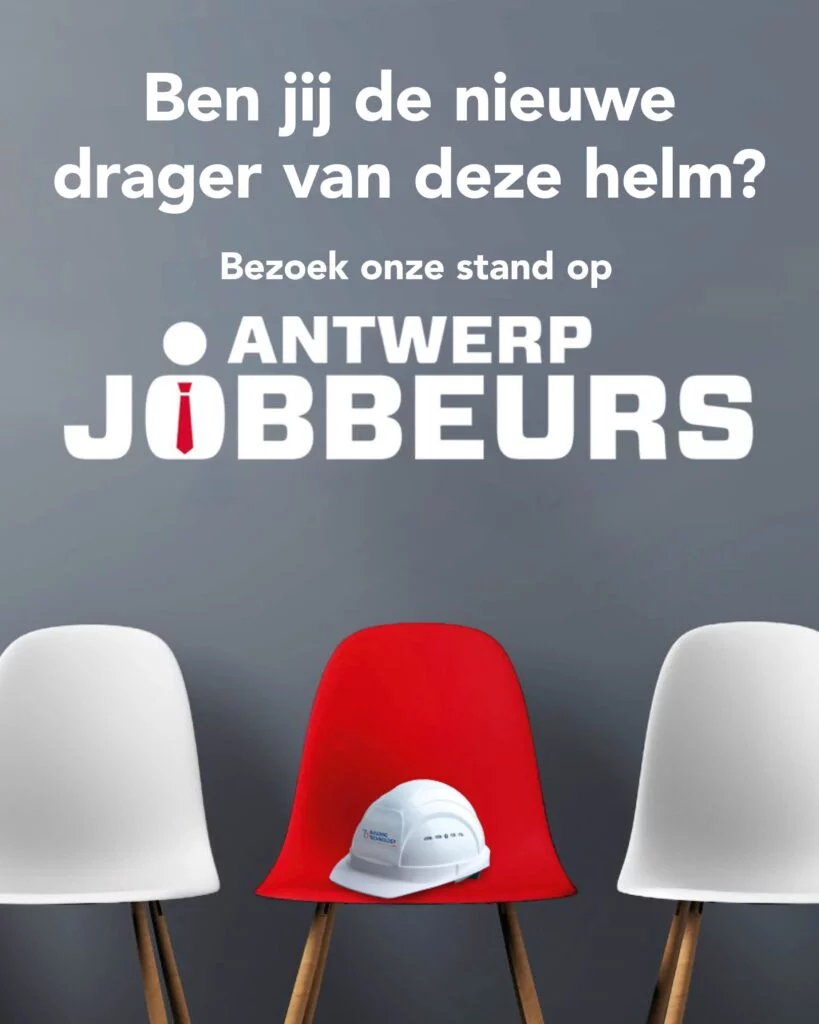 Poster van Building Technology die hun deelname aan de Antwerp Jobbeurs op 26 april aankondigt